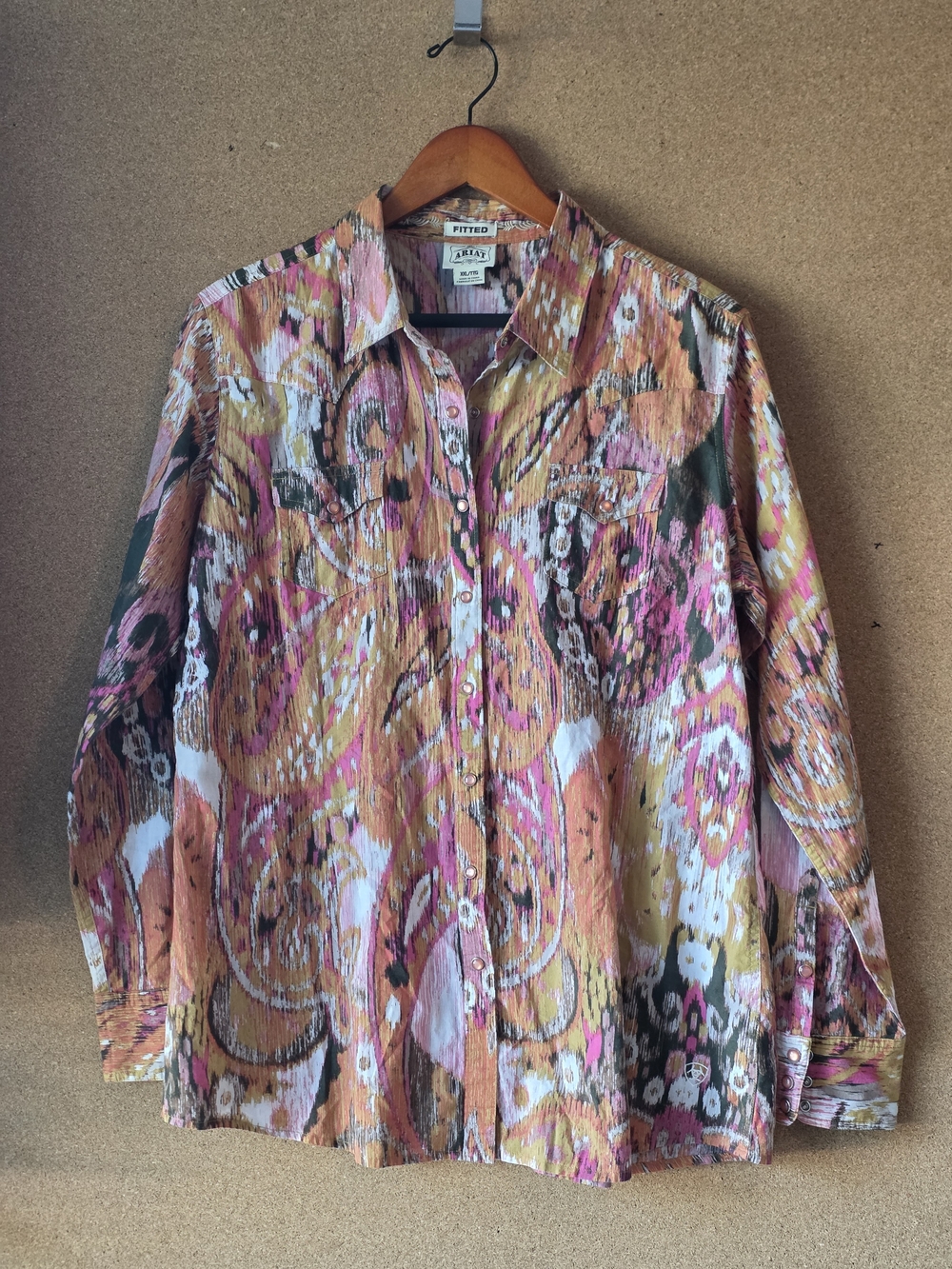 Ariat Women XXL Fitted Western Pearl Snap Shirt Ikat Pink Orange Cotton